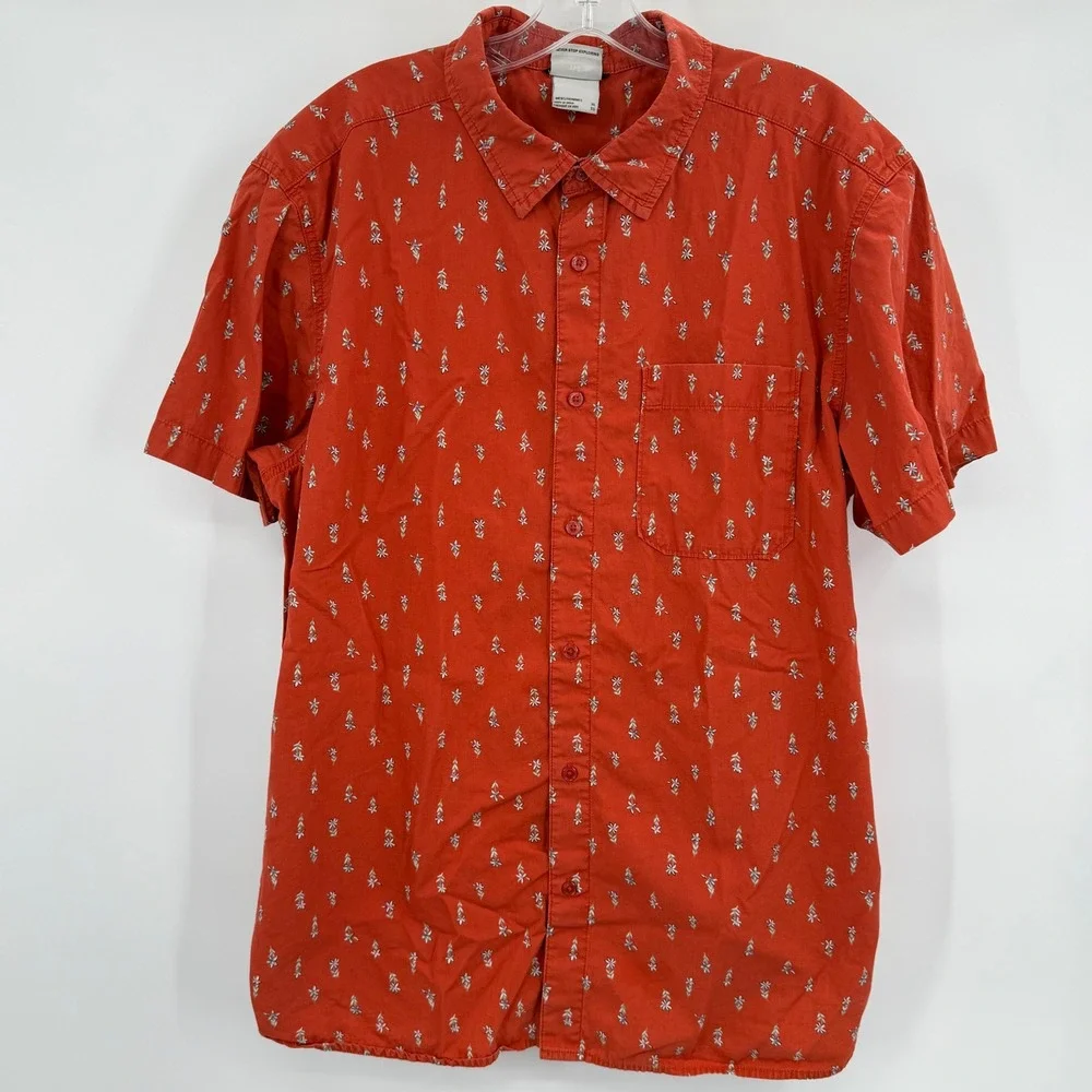 The North Face Button Down Mens XL Orange Floral Short Sleeve Cotton‎ Shirt